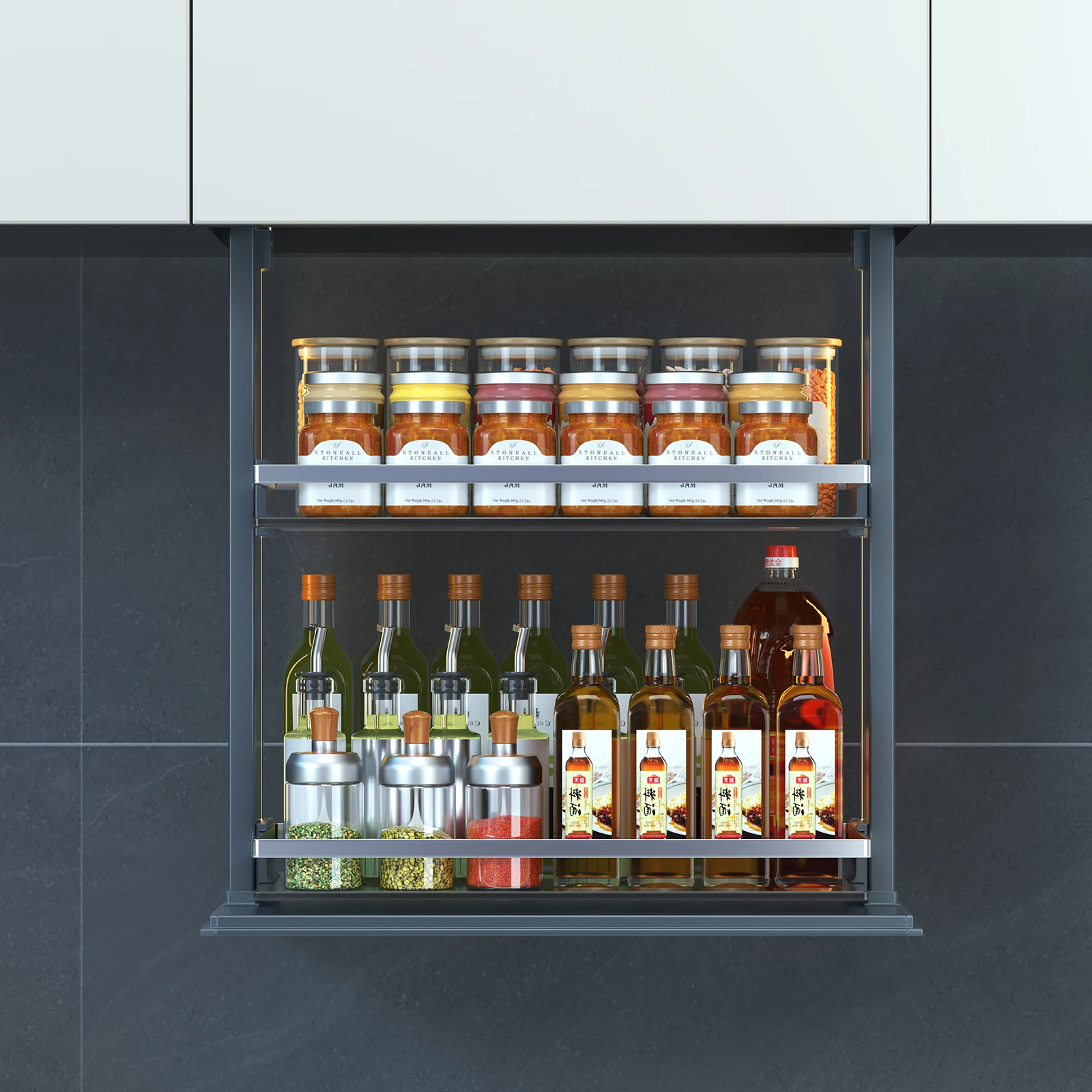 AngelParticle Smart Pull Down Shelf- Electric Pull Down Shelves for Upper Kitchen Cabinets, Touch Switch Pantry Spice Rack