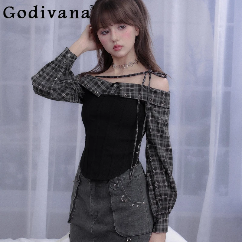 

Japanese Sweet Cool Plaid Lace-up Slashed Neck Long Sleeve Knitted Shirt Spring Autumn Women's Versatile Age-reducing Slim Top