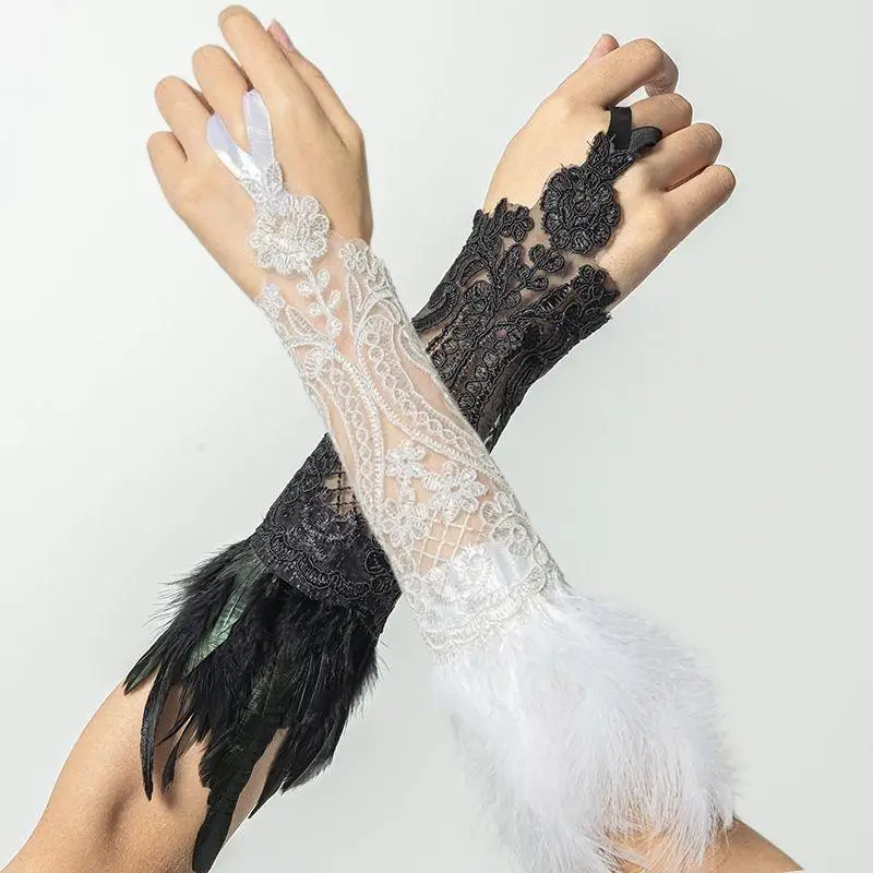 

Retro Mesh Gloves Halloween Lolita Cosplay Y2k Feather Cuffs Fingerless Mittens Lace Black Long Rave Accessories Feather Dance