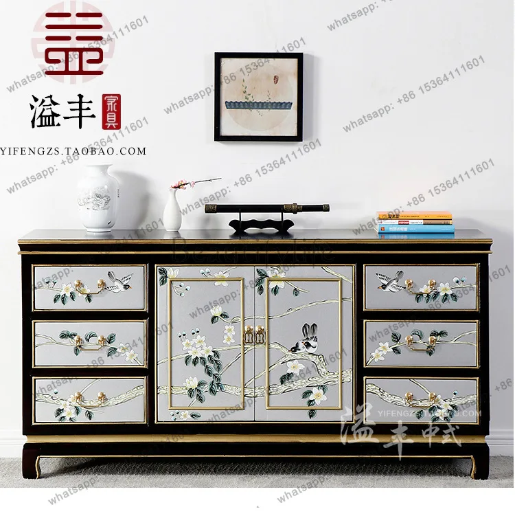 LS new Chinese-style solid wood dining side cabinet Mediterranean style furniture hand-painted Xuan complete storage TV cabinet