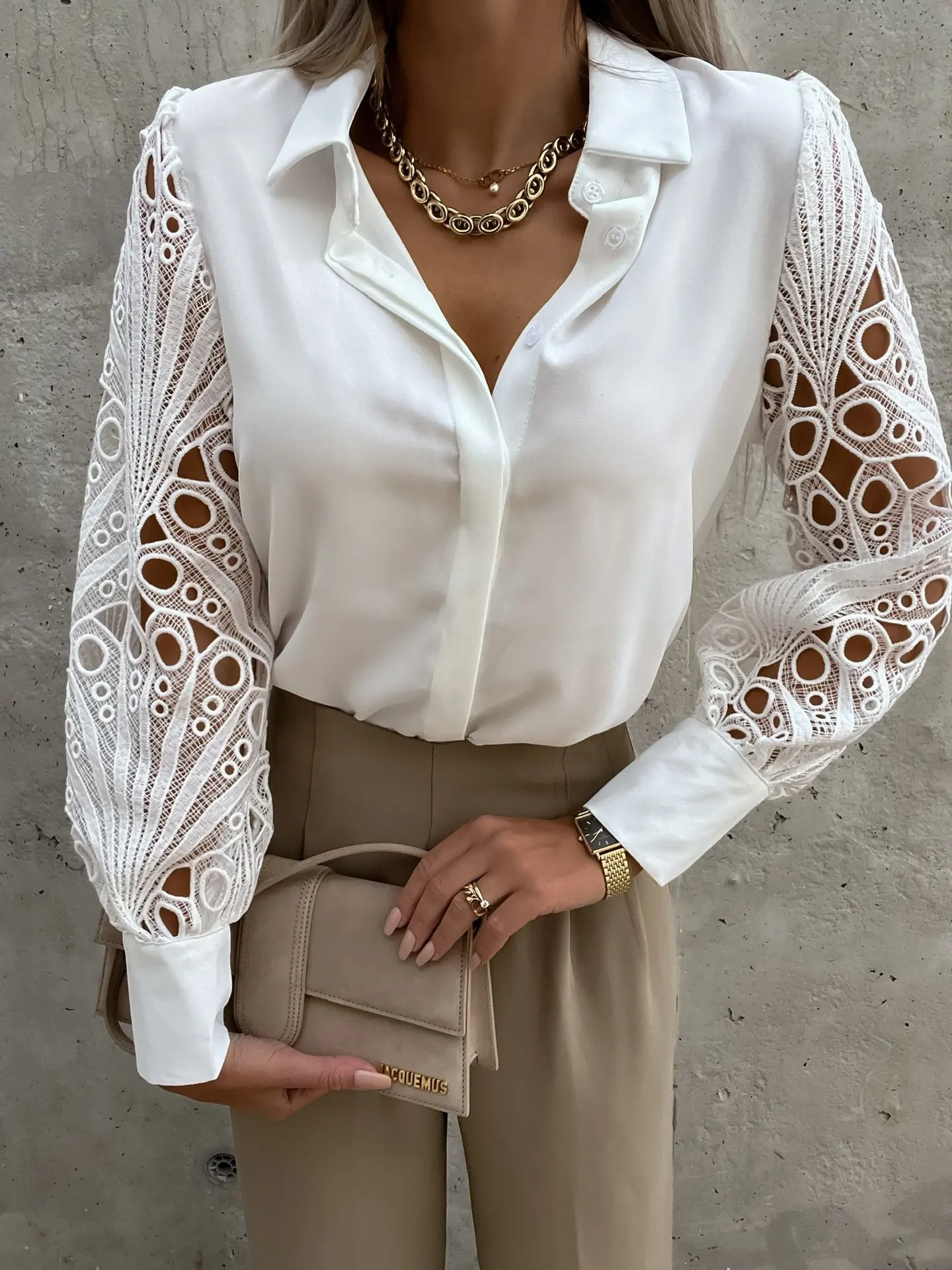 Elegant  Women\'s  Blouse White Shirt 2023 Spring Summer V-neck Lace Sleeve Cut-out Patchwork Office Commuter Black Tops S-XXL