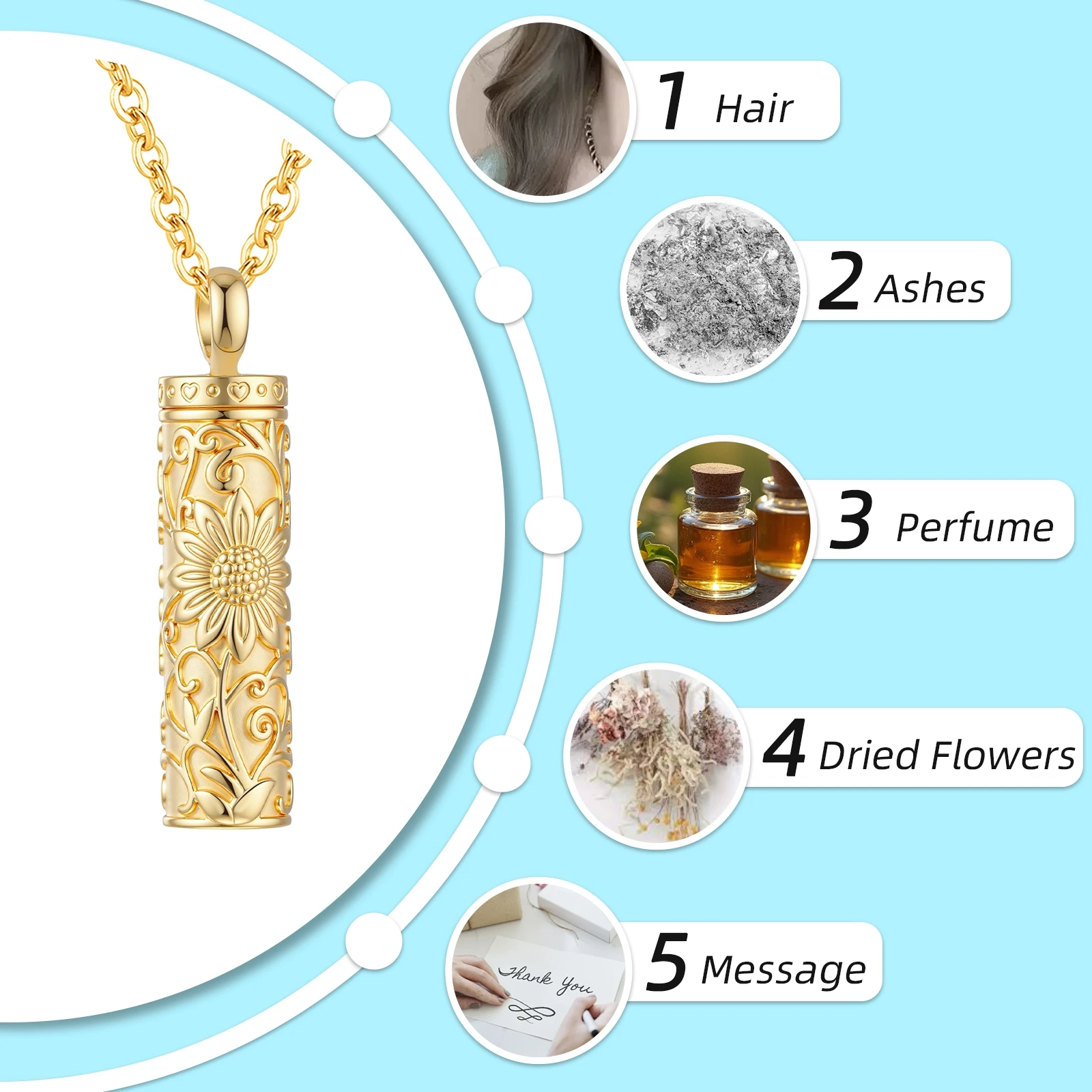 Sunflower Cylinder Shape Cremation Urn Jewelry Necklace cremation Jewelry for Ashes Customizable Keepsake Pendant