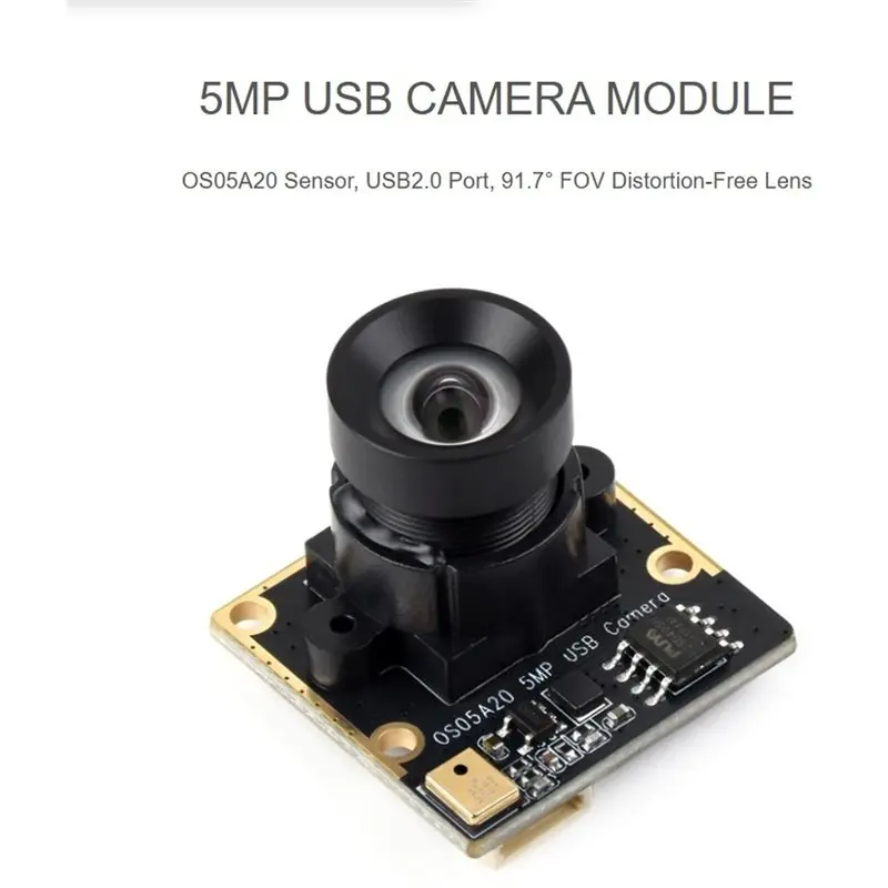 OS05A20 5MP USB Camera Module, Supports USB2.0 Port, Onboard Single Microphone, 91.7° FOV Distortion-Free Lens