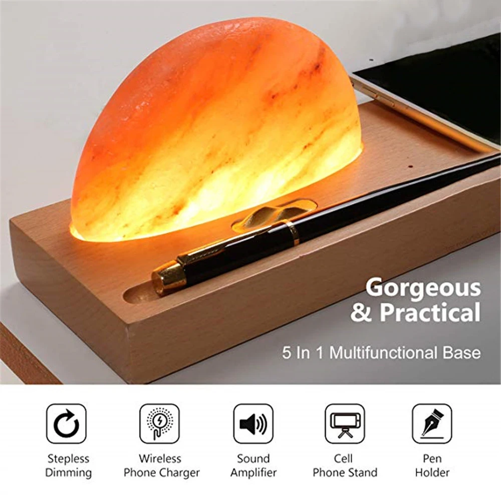 Night Lamp Salt Lamp with Himalayan Salt Wireless Charger  Dimmable Brightness Sound Amplifier Mobile Phone Holder Pen Holder