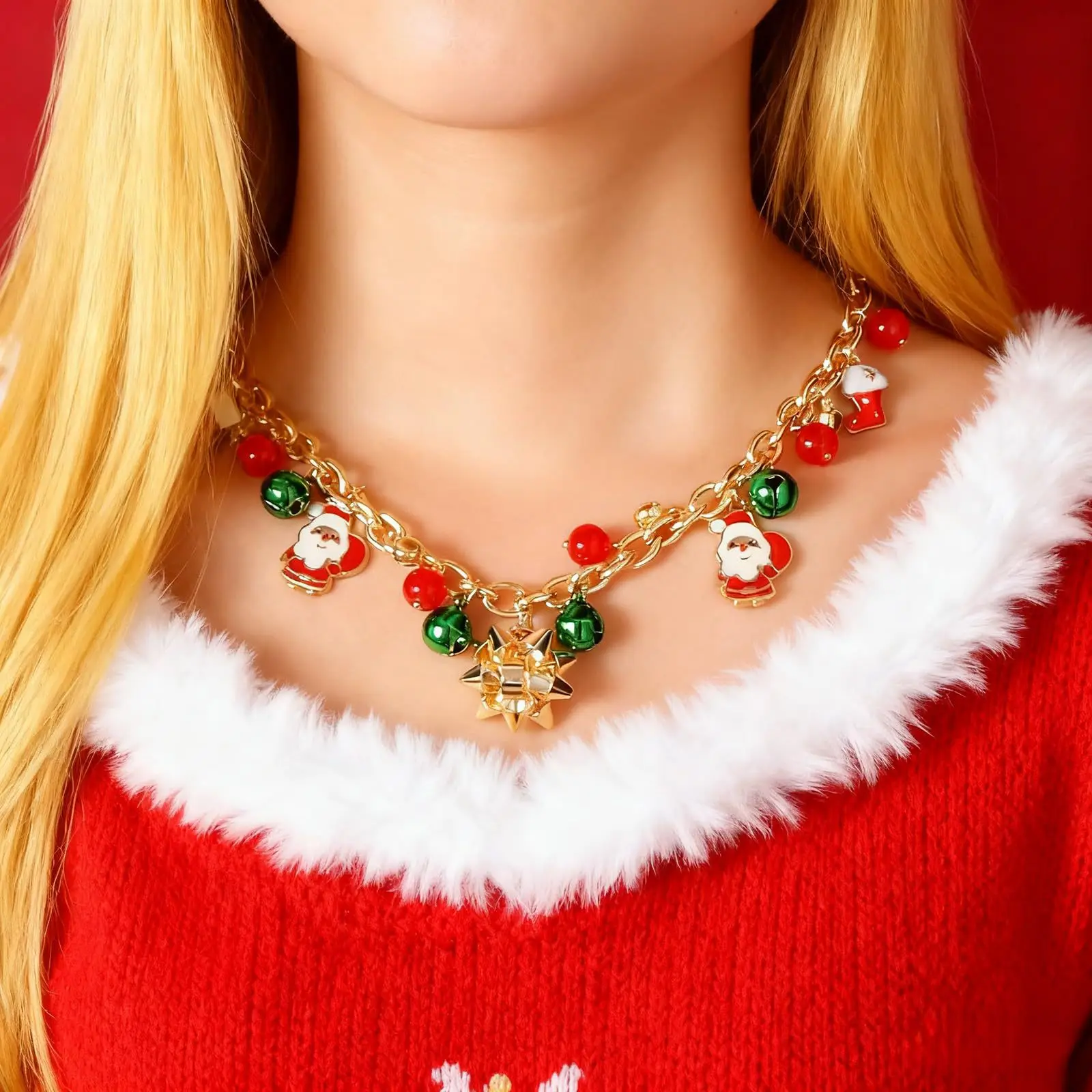 

Ladies Christmas Necklace Gold Pendant Adjustable Chain Santa Claus Colored Bells Christmas Necklace