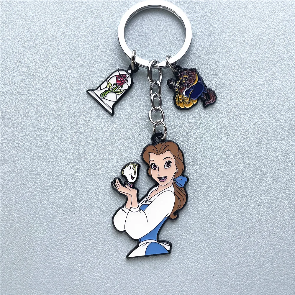 Disney Beauty and the Beast Princess Anime Cartoon Metal Keychain Gifts for woman girl