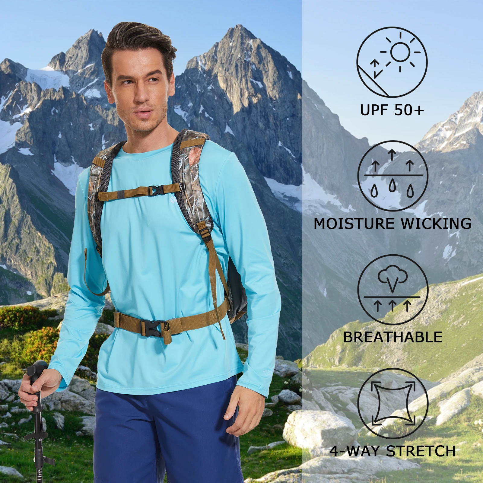 WILDBREATH Men’s UPF 50+ Lightweight Long Sleeve Casual T-Shirt Quick Dry UV Sun Protection for Outdoor Beach Hiking Exercise