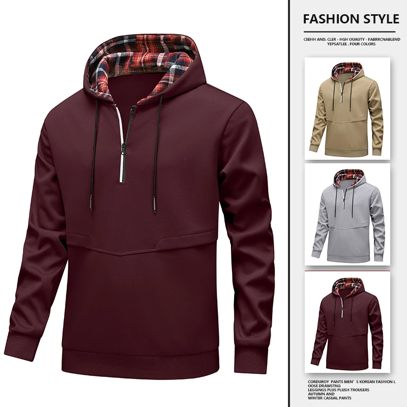 

Spring Autumn Half Zipper Hoodies Jacket Men Loose Lattice Long Sleeve Sweatshirts Male Casual Sports Coats Hooded Man Jackets