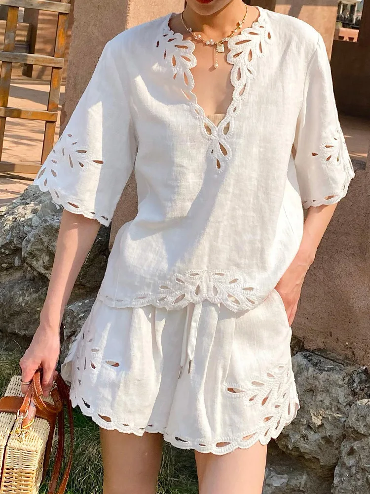 Summer 2025 Women's Embroidered Hollow out Cotton Linen ort Sve irt Set with orts V Ne Loose Fit Thin Material