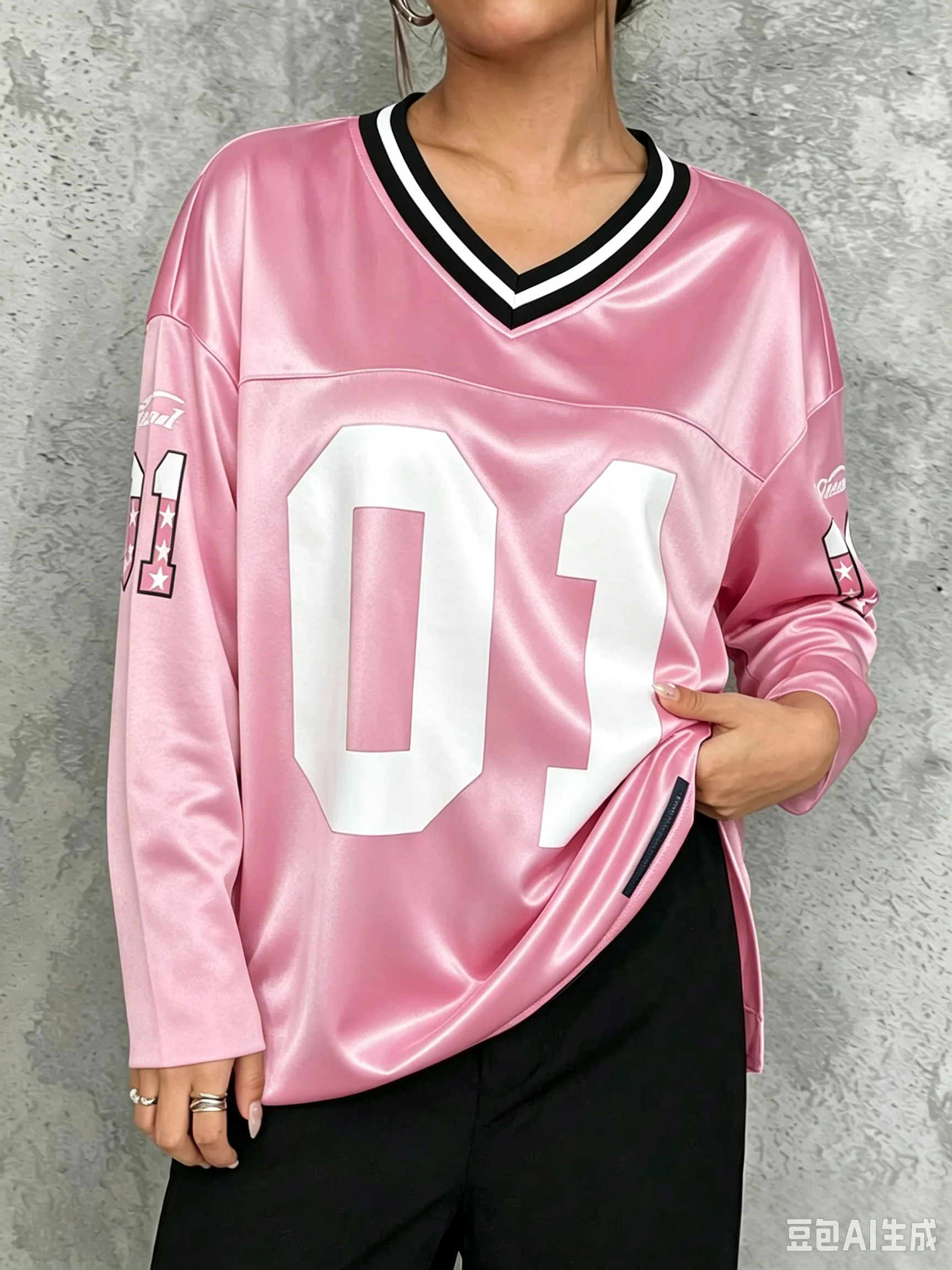 Herren Damen Vintage Langarm Oversized T-Shirt mit Nummer 01 Aufdruck, V-Ausschnitt, Modisches Sportliches Loose-Fit Streetwear Casual Oberteil – Detail 5