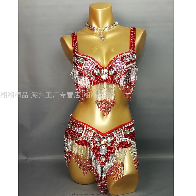 Customized Sexy Adult Belly Dance Performance Uniform Handmade Sequin Set Bellydance Costume Samba Carnival Costumes Bra Belt