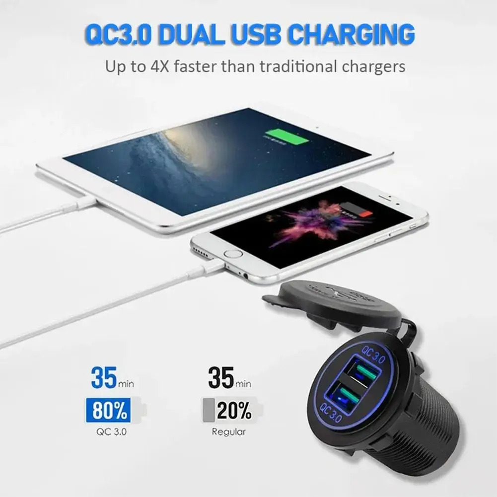 Universal 4 In 1 Car Charger Panel - QC 3.0 Dual USB Cigarette Switch Outlet 12V Rocker Socket Toggle Lighter Power Voltmet U0V6