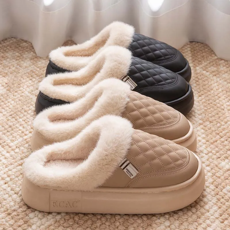 

2026 Winter Plush Slippers for Women & Men - Waterproof Indoor/Outdoor House Shoes, Thick Fleece-Lined Anti-Slip Home Booties
