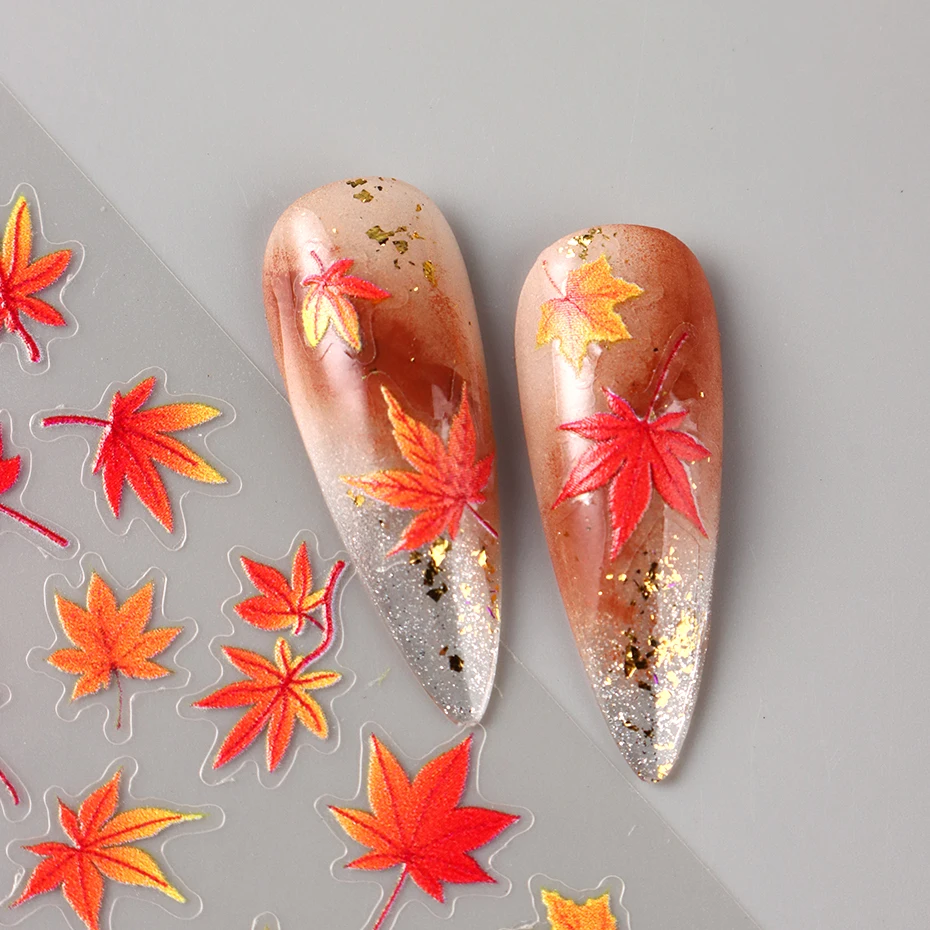 2 Stück Herbst-Ahornblatt-Nagelaufkleber, Herbstliche Orange-Rot-Gelbe Ahornblätter Nagelsticker, Thanksgiving Nagelkunst-Dekorationen, Maniküre – Detail 7