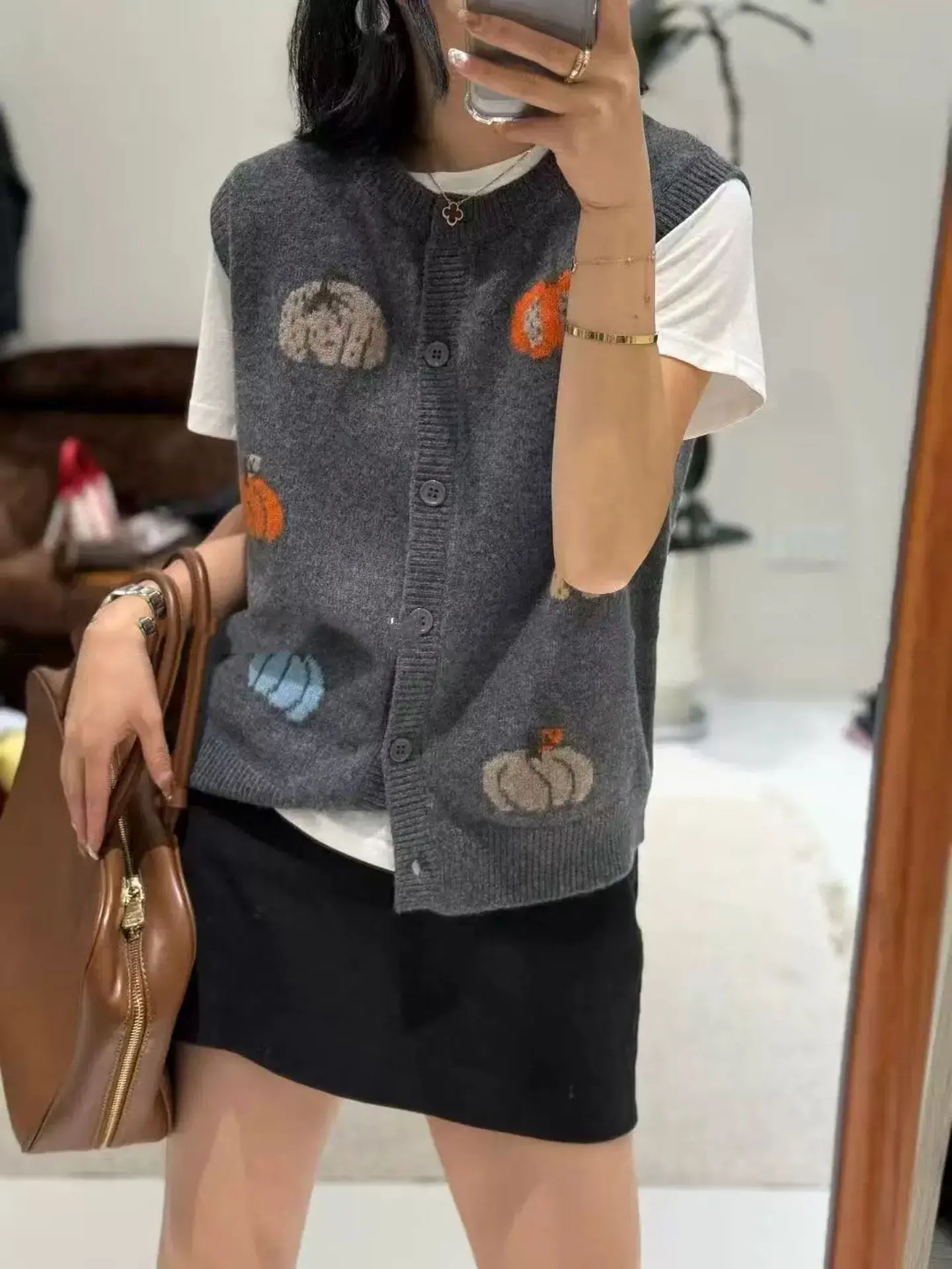 Outono abóbora jacquard cardigan colete feminino suéter de caxemira pura colete de malha de alta qualidade.