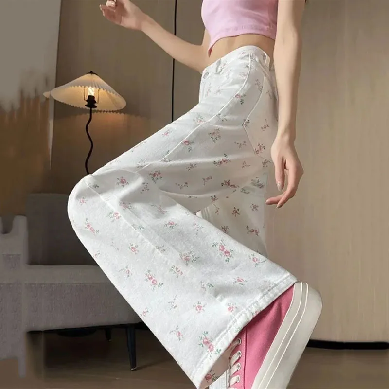 Broken Flower Straight Jeans Women's Spring Summer New Thin Loose Cover Casual Wide Leg Wide Leg Pants High Waist Female Jeans