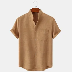 Summer New Men's Shirts Solid Color Hemp Short Sleeve Lapel Shirt Casual Plus Size Shirt Men's Wear