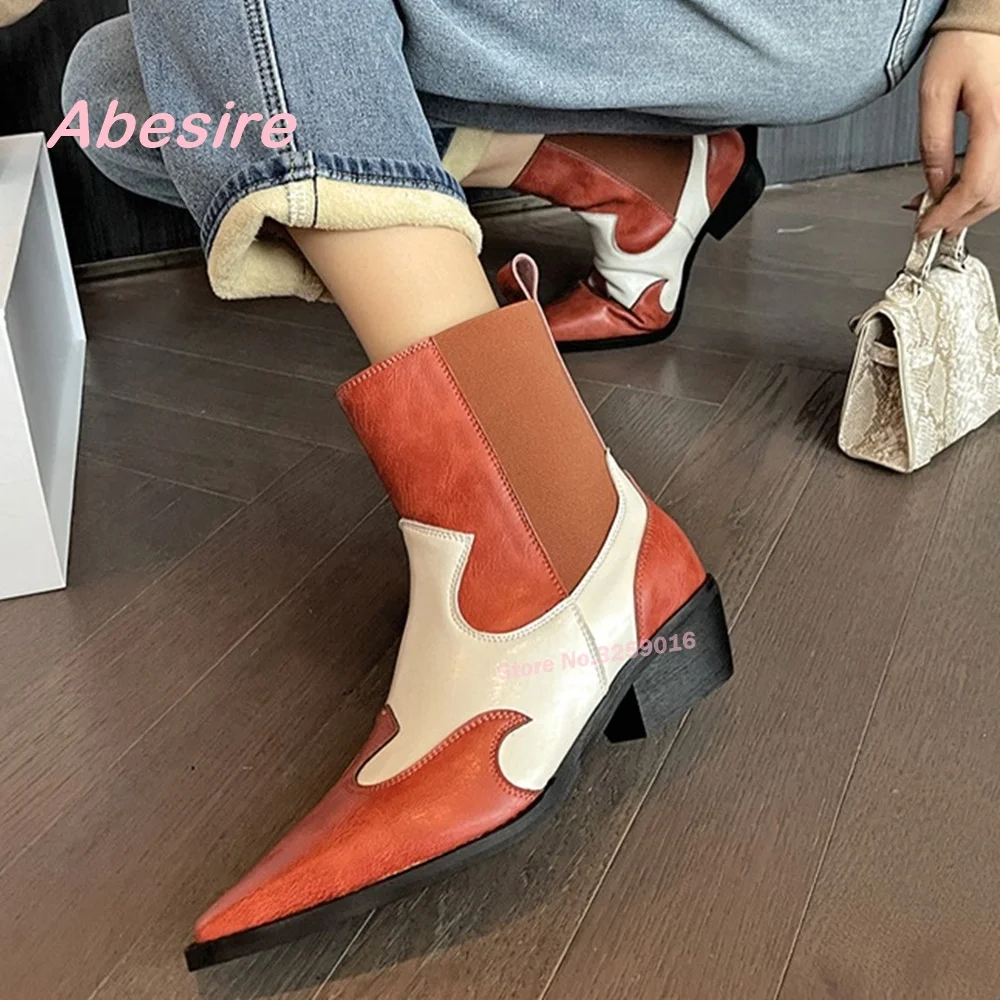 Western Cowboy Boots Mixed-Color Slip On Pointed Chelsea Boots Patchwork Women's Winter Shoes Chunky Heels Ankle Boots Winter