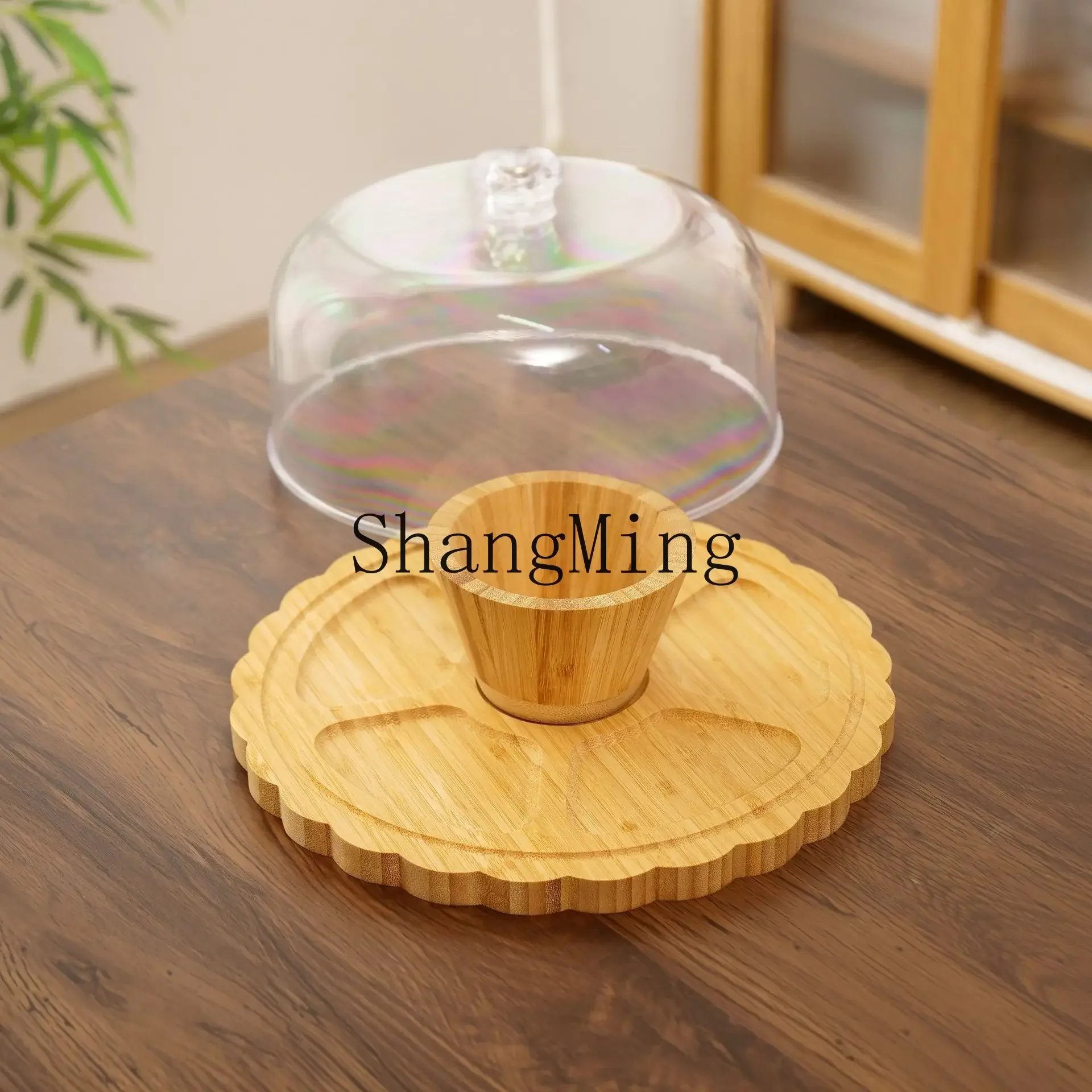 

CL Wooden Cake Display Tray Transparent Glass Cover Dessert Bread Tasting Tray Afternoon Tea Tall Cake Tray