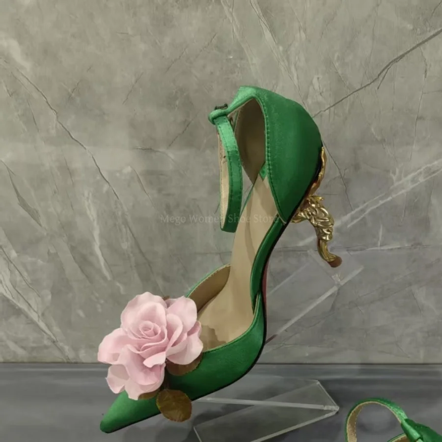 

Pink Flower Green Silk Pointed Cover Toe Shoe for Women Golden Shaped Strange High Heels Sandals Black Ankle Strap Shallow Shoes