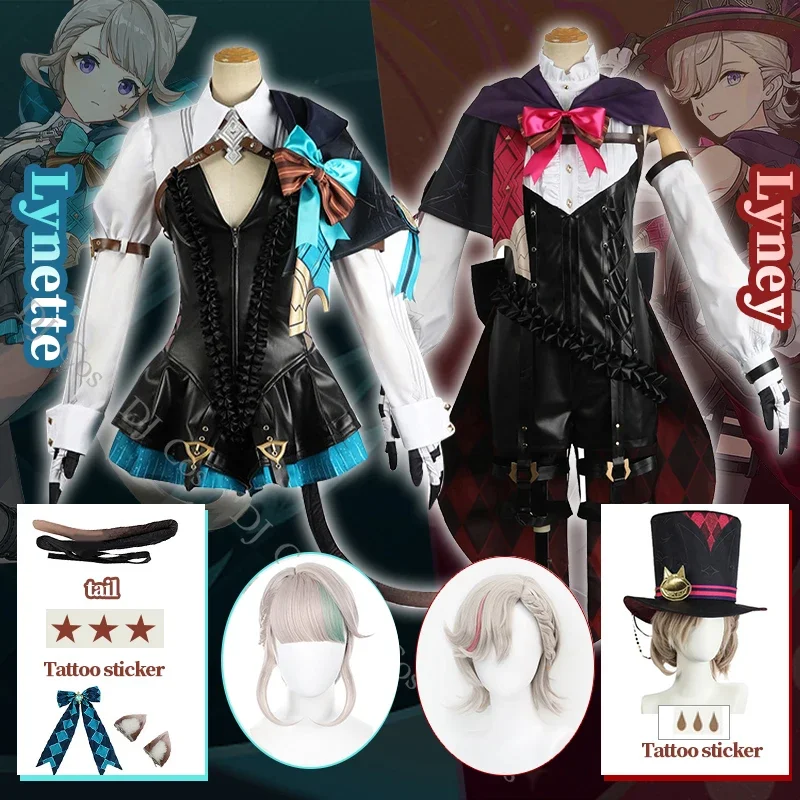Lynette Lyney Costume Cosplay Gioco Genshin Impact Abito Uniforme Vestito Coda Orecchie Adesivo per tatuaggi Mago Lyney Fontaine