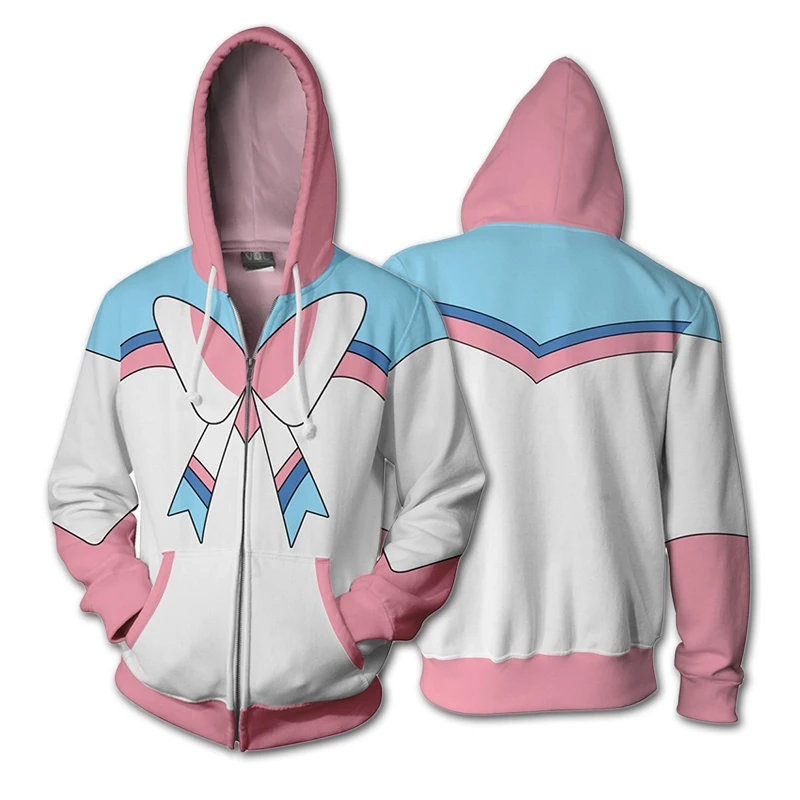 Anime Sylveon Cosplay 3D Printing Hooded Zipper Jacket Coat Sweatshirts Outwear Men's Streetwear Hoodies