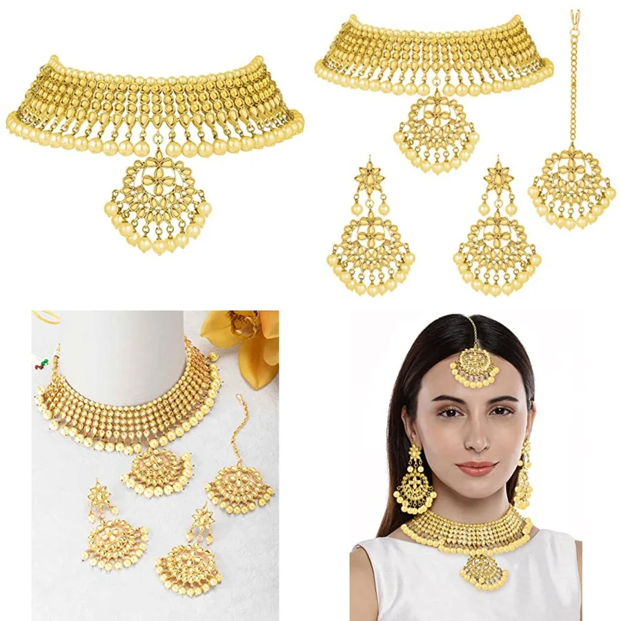 

Aheli Indian Traditional Maang Tikka with Kundan Necklace Earrings Set Ethnic Wedding Bharatanatyam jewellery set Gift for Wome