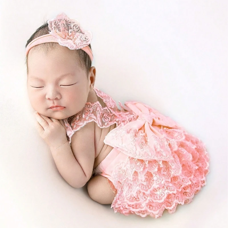 

Infant Baby Girl Summer Romper Floral Bowknot Lace Romper Dress Straps Sleeveless Sweet Triangle Jumpsuit And Flower Headband