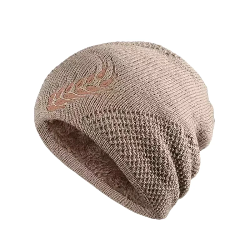 Embroidered Wheat Ear Knitted Slouch Beanie Hat for Men Women Fleece‑Lined Ear Flap Winter Cap Windproof Warm Outdoor Hat