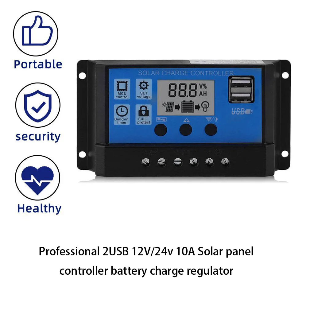 10A 20A 30A Solar Charge Controller  12V/ 24V Solar Panel Regulator with Adjustable LCD Display Dual USB Port Timer Setting PWM