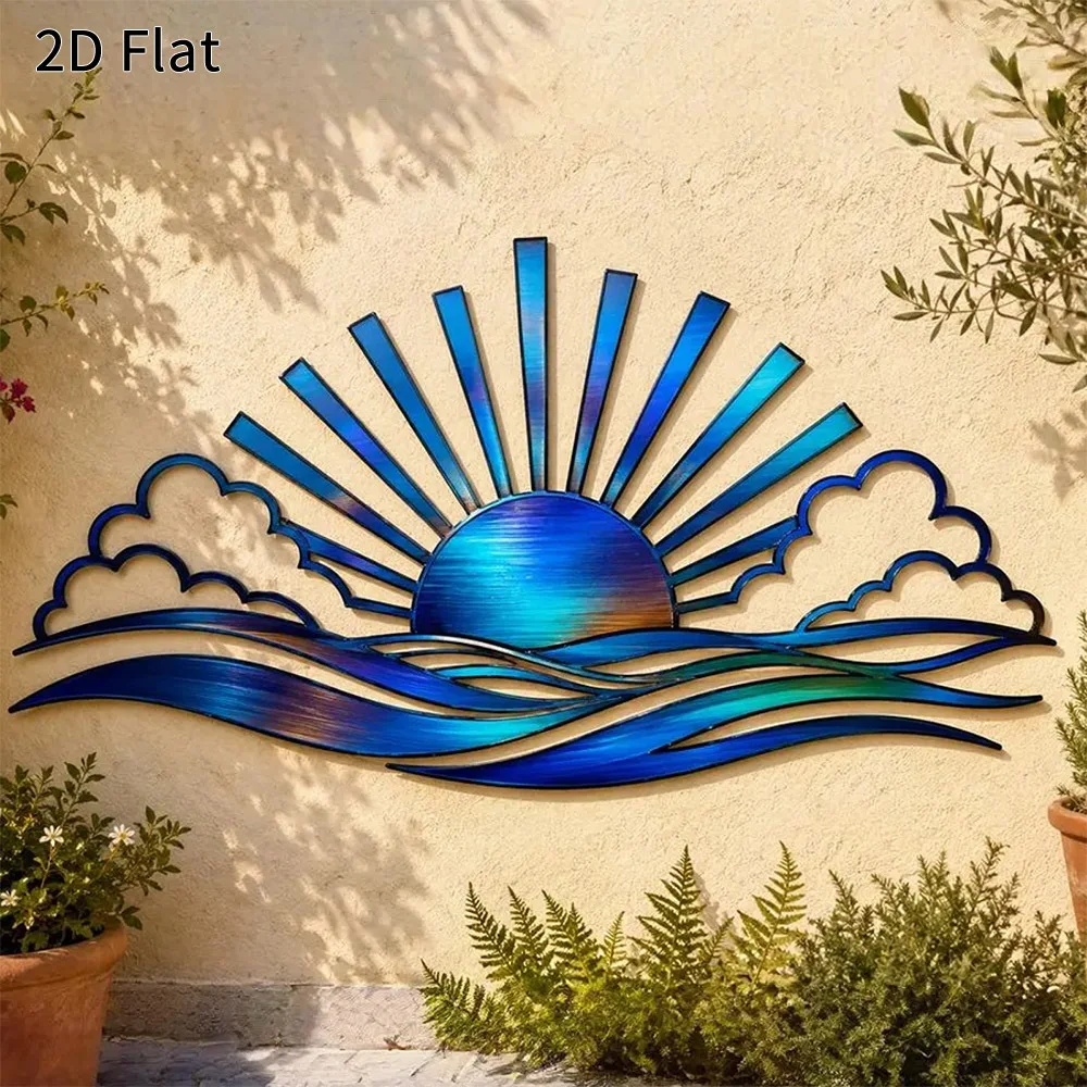 CIFBUY Aluminum Metal Wall Art, 2D Flat Cutout Sunrise Ocean Wave Wall Decor, Sun Cloud Sea Metal Wall Hanging