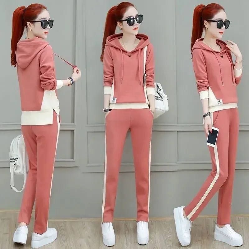 

Women's Fashion Sporty Suit 2024 New Autumn Winter Korean Casual Loose Long Sleeve Sweater Hooded Top Pencil Pants Two Piece Set