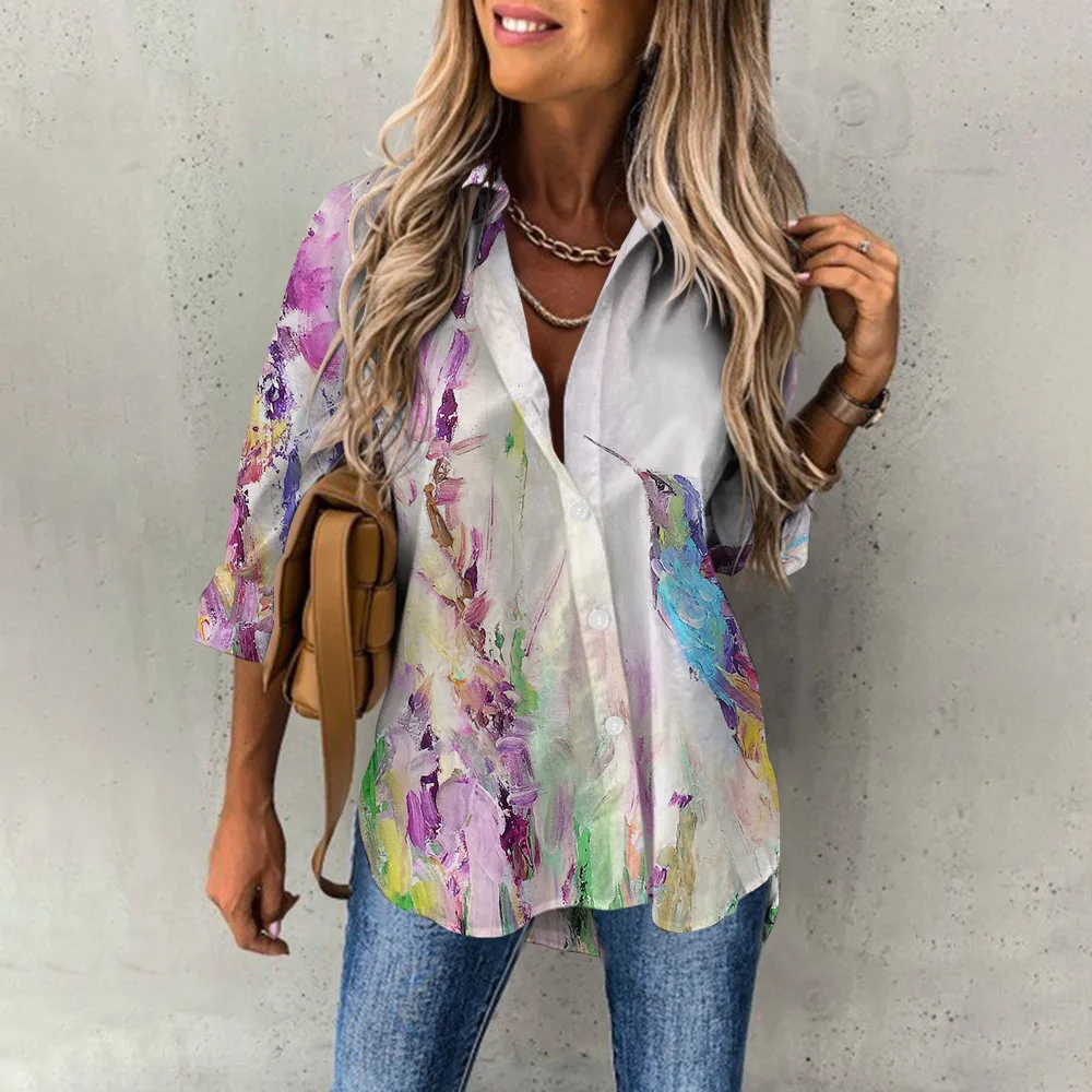 Long Sleeve Shirt Women Spring Clothing Korean Fashion Blouse Elegant Ladies Office Shirts Button Tops Colorful Printed Blouses