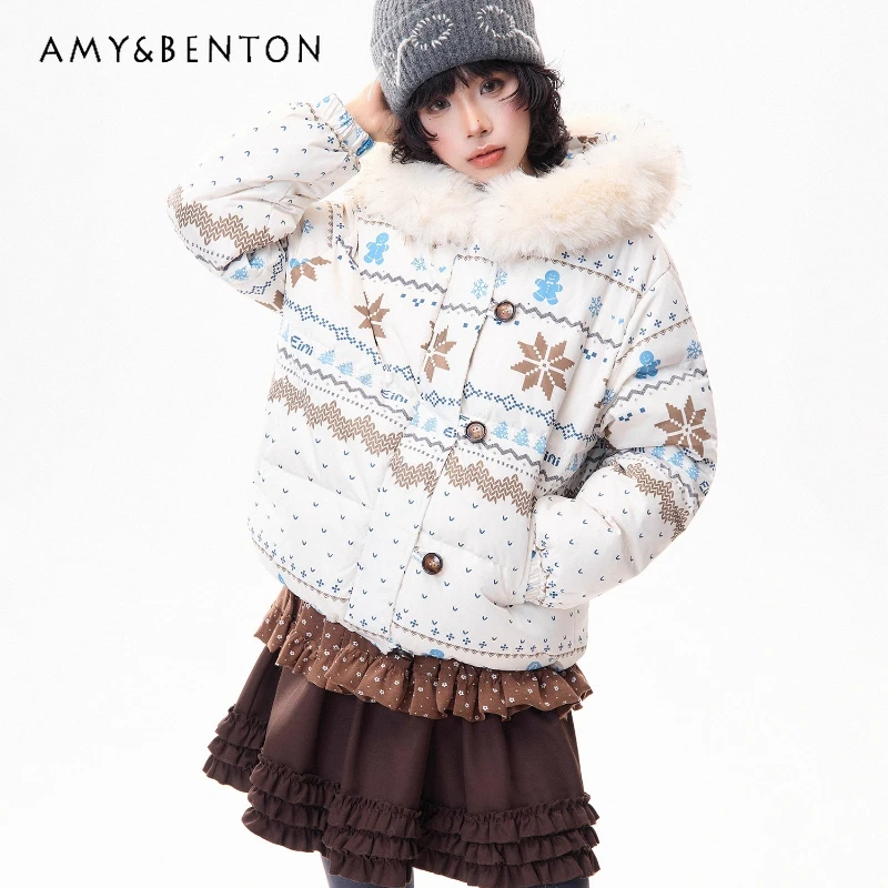 

Christmas Women's Clothing 2025 Autumn Winter New Sweet Snowflake Print Loose Y2k Fur Collar Versatile Warm Down Jackets Ladies