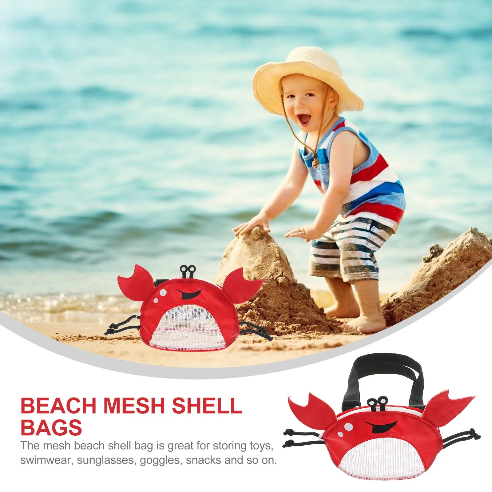 

Crab Beach Bag Kids Mesh Seashell Holder Toy Storage Collecting Bags Red PVC Cloth Lightweight Portable Adjustable Strap Beach
