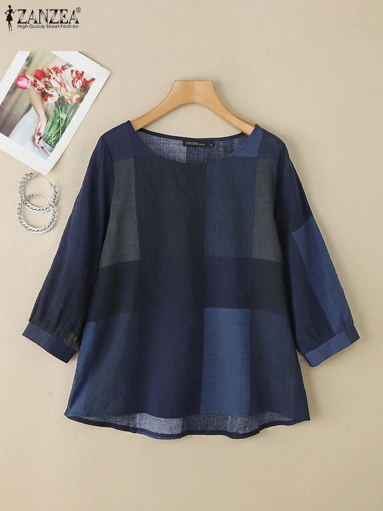 ZANZEA Women Vintage Shirt 2025 Autumn Casual Loose Plaid Check Tops Elegant Round Neck Tunic 3/4 Puff Sleeve Retro Blouse Blusa
