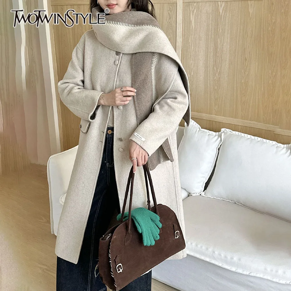 TWOTWINSTYLE Stitched Spliced Shawl Loose Jacket for Women Stand Collar Long Sleeve Patchwork Button Pocket Jackets Female Style