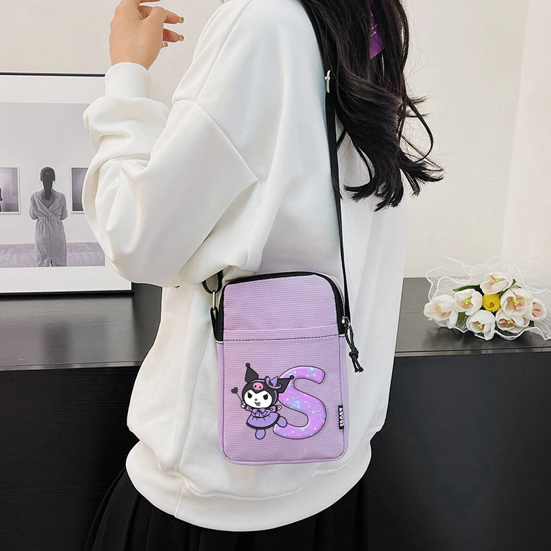

Sanrio Kuromi Shoulder Bag for Women Anime Letter Printed Crossbody Bags Portable Fashion Phone Storage Handbag Coin Purse Gifts