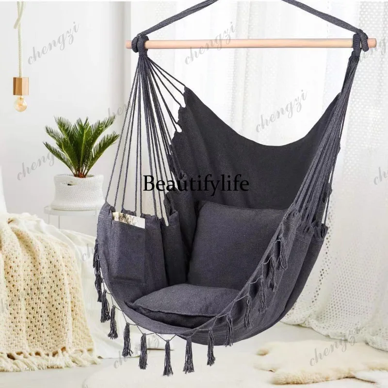Nordic style fringed hanging chair canvas hanging basket chair fringed swing indoor and outdoor camping hammock