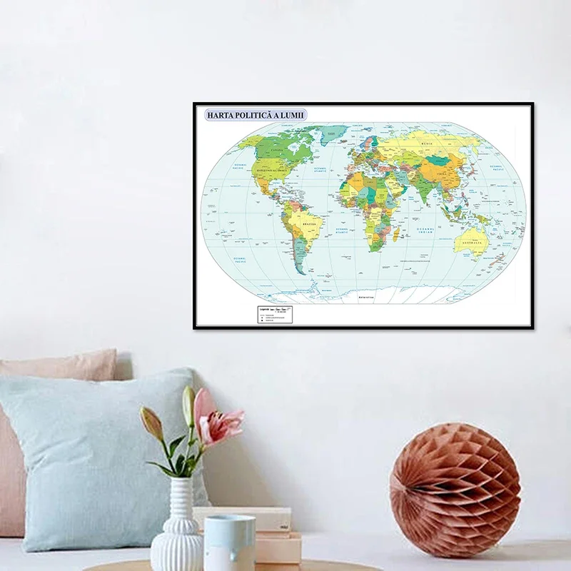 Mapa del mundo en lienzo de 84x59cm, pintura rumana, mapa mundial de distribución política, imagen para decoración de oficina y sala de estar