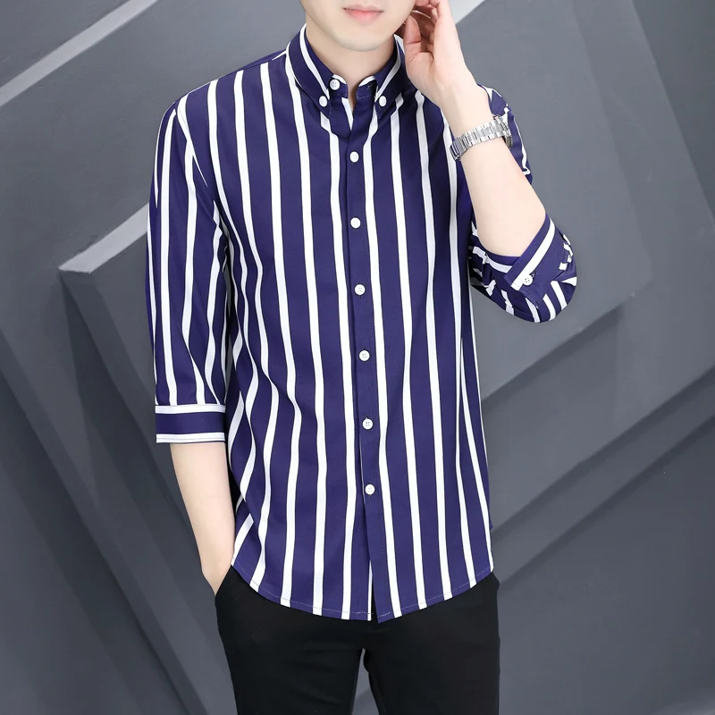 

Мужская рубашка Slim Fit в полоску с коротким рукавом, повседневная, модная, летняя, верхняя одежда, повседневный топ с рукавом три четверти, из полиэфирного волокна