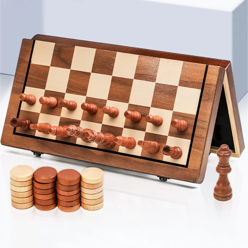 Luxury 4 Queens 39x39cm Wooden Chess Game Magnetic or not Chessboard Chess Checkers 2 in 1 Chess Set Family Table Board Game