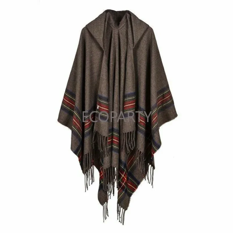 New Mens Wool Blend Stripe Hooded Ethnic Style Shawl Manteau Boho Gypsy Hippie Cape Poncho Hoody Women's Travel Shawl Cloak Coat