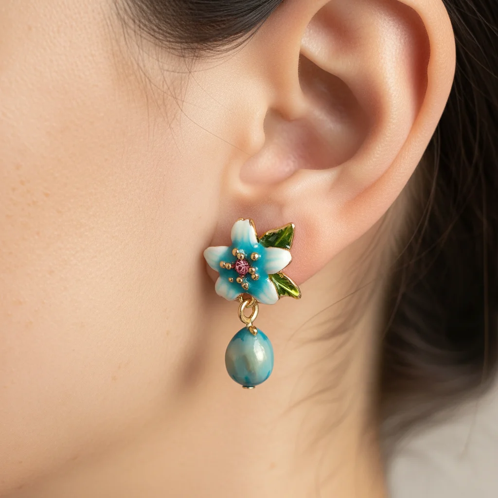 Elegant Blue Flower Drop Earrings for Women - Enamel Floral Dangle Earrings with Crystal Studs, Fashion Jewelry Gift