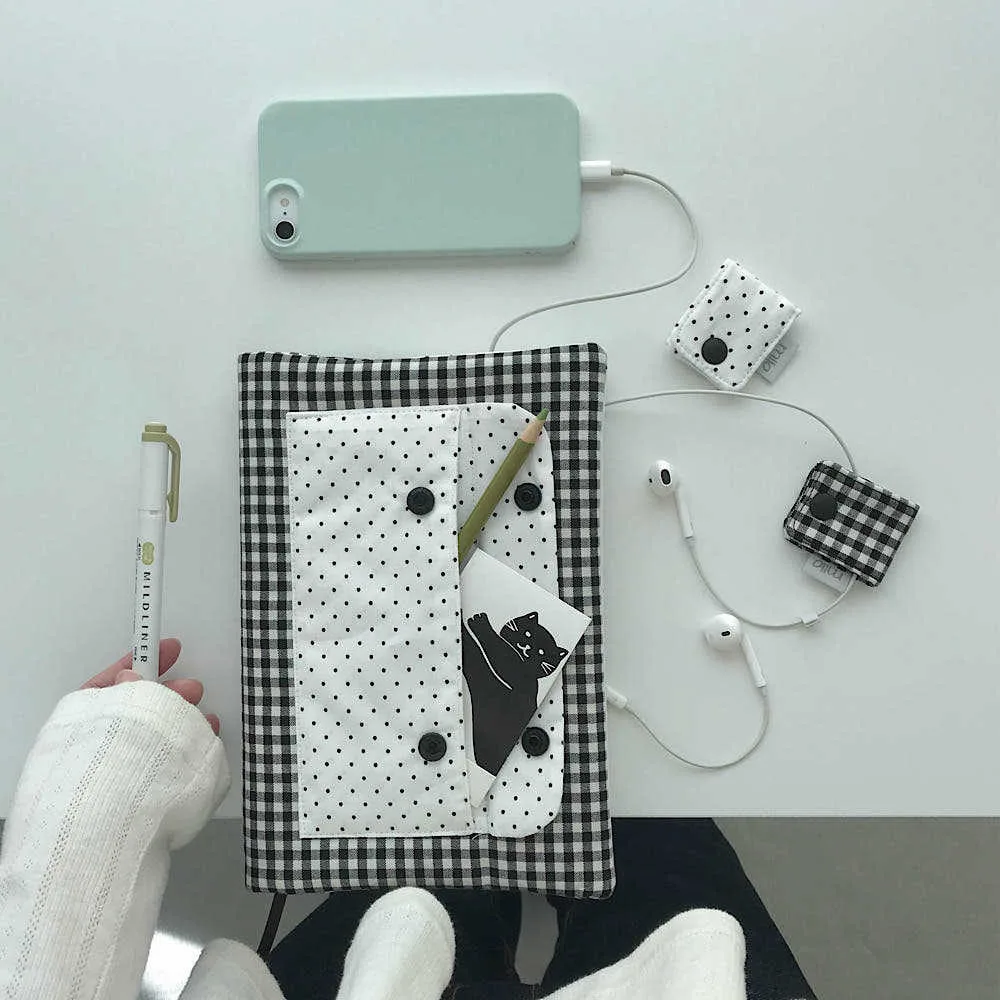 Korean Cute Spot Quilted Book Cover Polka Dot Cotton Notebook Sleeve Soft Padded Journal Protector Pencil Case Diary Book Pouch