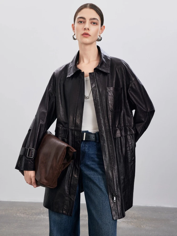 

Mid-length Genuine Leather Windbreaker Jackets for Women Autumn Winter 2026 New High-end Simple Soft Oil Wax Real Sheepskin Coat