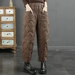 Vintage Quilted Pants Women Winter Warm Trouser Cotton-padded Pants Casual Design Pockets Elastic Waist Korean Chic Black Pants