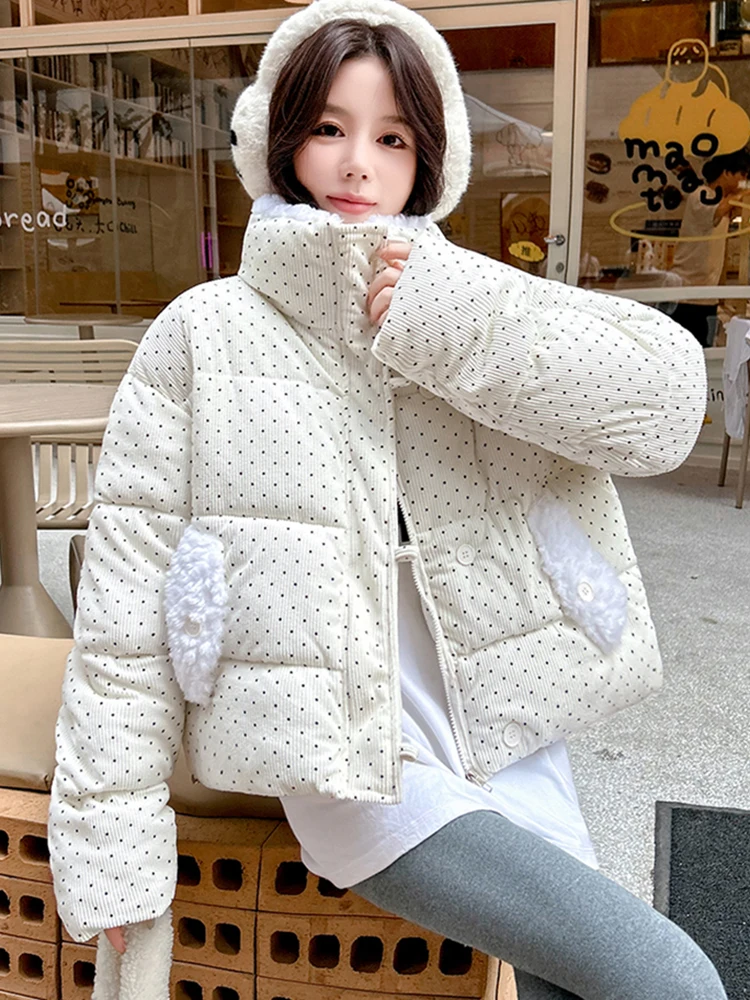 

Милые вельветовые парки в горошек, женские винтажные толстые теплые зимние хлопковые пальто, корейские свободные женские элегантные куртки с длинными рукавами, топы