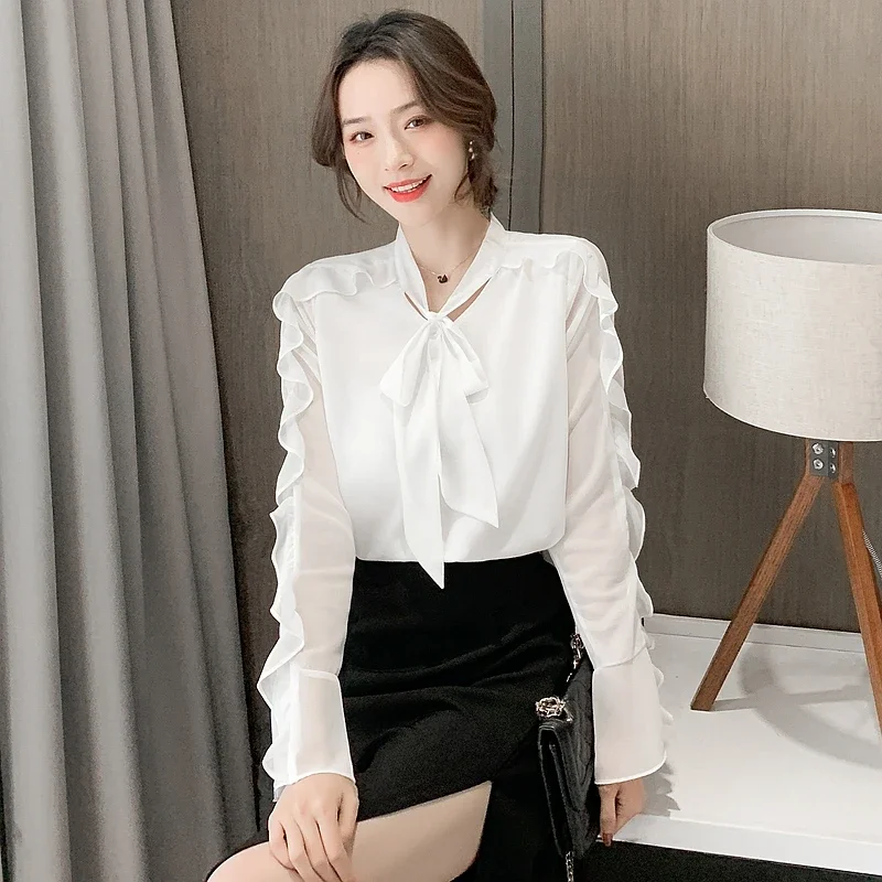 Autumn New Women's Long Sleeve Blouse Korean Fashion Ruffle Slimming Bow Women's Clothing Lace-up Scarf Collar Shirt Corset Top