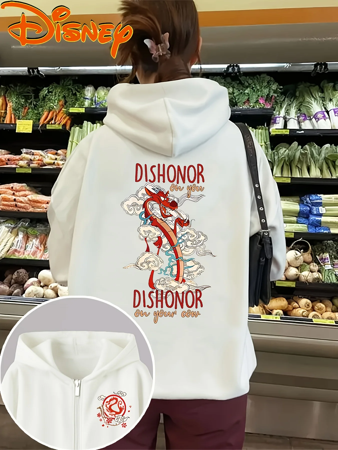 سلسلة ديزني مولان موضوع الصينية لونغ عنصر الطباعة المرأة هوديي جيب الخريف الشتاء هوديي سستة سترة #6